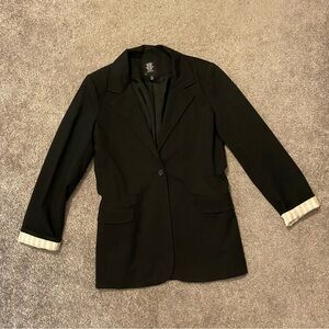 Workshop Single Stitch Blazer Women’s L Black Cotton Blend Business Casual Fall